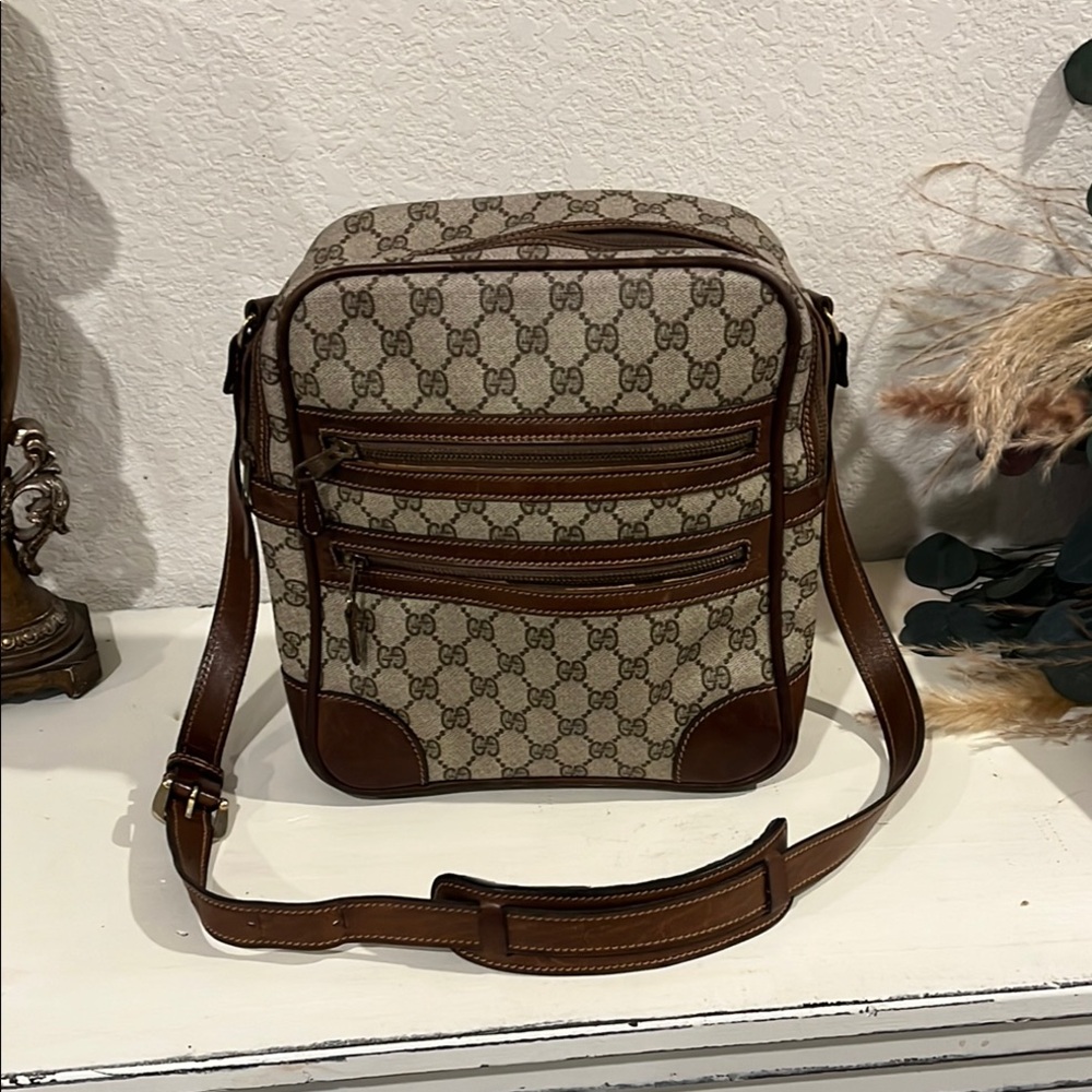 Gucci Brown and Tan Crossbody Bag with Iconic GG Canvas